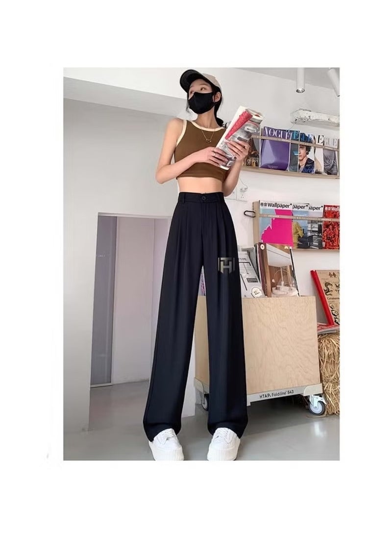 Huitich Women’s Ice Silk Wide-Leg Pants – High Waist, Loose Fit – Black | L - Image 2