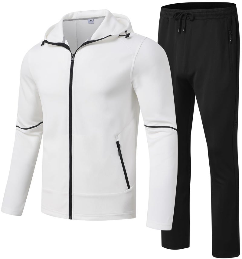 Rdruko Men's Track Sweat Suits 2 Piece Set Sweatsuits Tracksuits Jogging Workout Gym Athletic Suits with Hood(White, US L) - Image 1