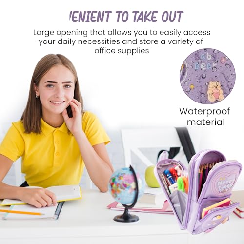 FINEMOE Canvas School Bag Pencil Case, 3 Layer 6 Compartment Large Capacity, Aesthetic Pencil Pouch for Stationary, Cute Stationery for Kids, Pencil Case for Girls & Boys, Gift for Children (Purple) - Image 5
