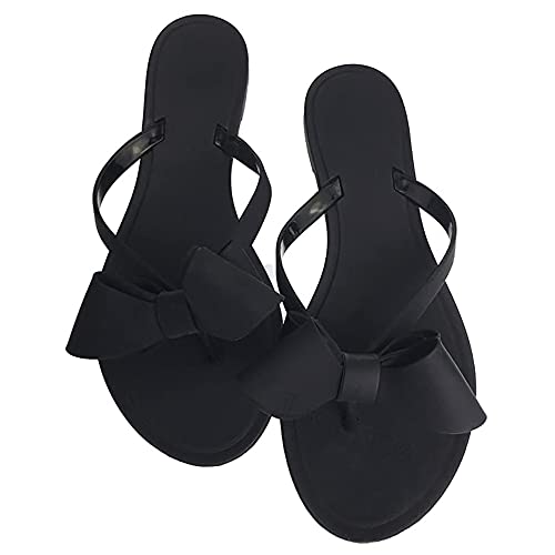 Mtzyoa Women Flip-Flops Bow Sandals Beach Flat Rivets Rain Jelly Slides Black Size 7 Summer Casual Waterproof - Image 1