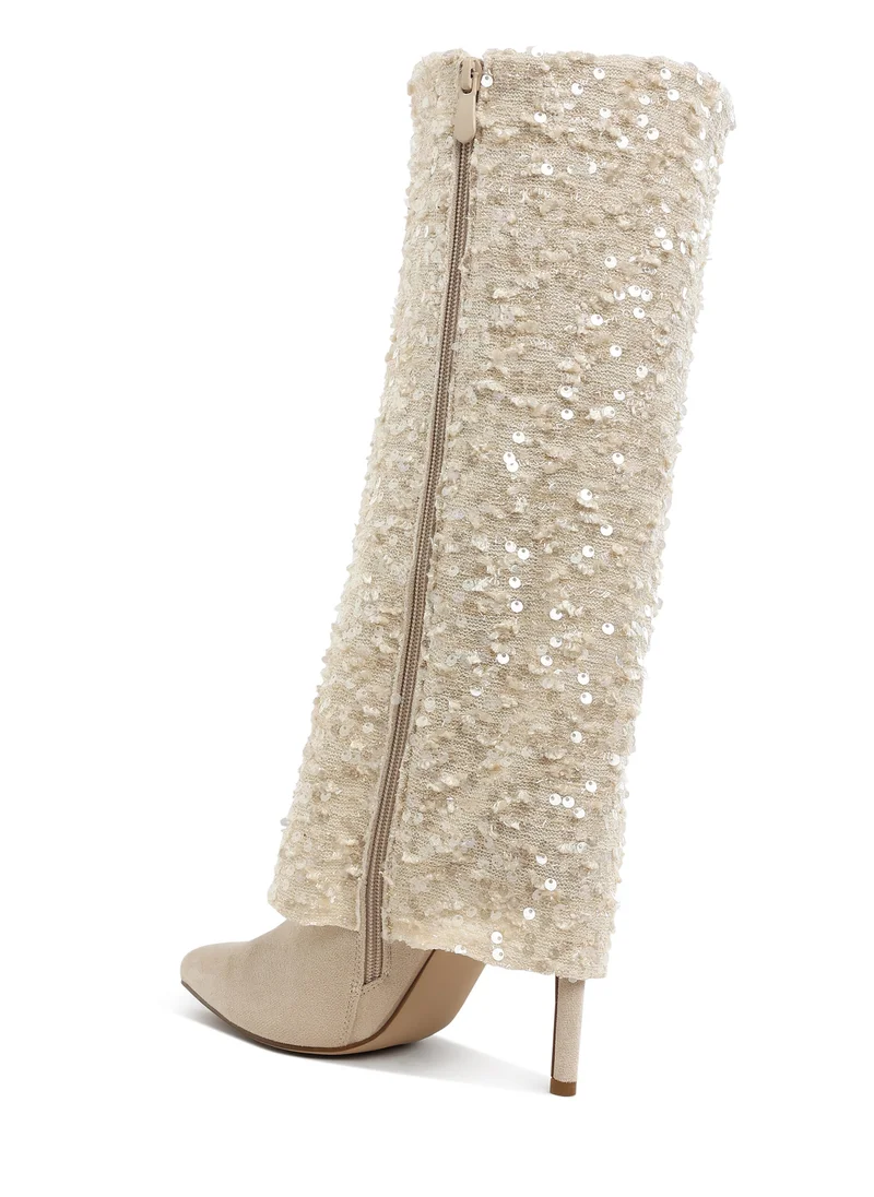 London Rag Sequinned Fold-Over Calf Boots in Beige