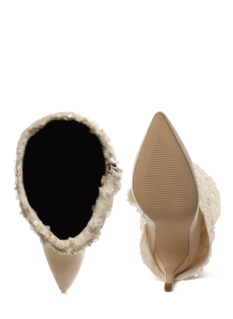 London Rag Sequinned Fold-Over Calf Boots in Beige