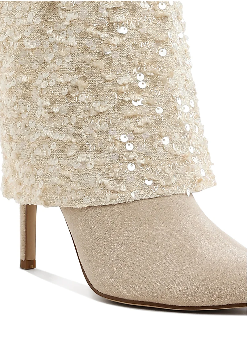 London Rag Sequinned Fold-Over Calf Boots in Beige