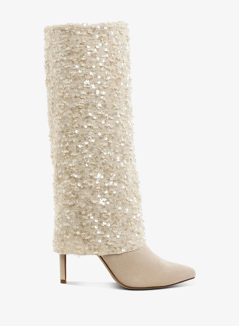 Sequinned Fold-Over Calf Boots in Beige