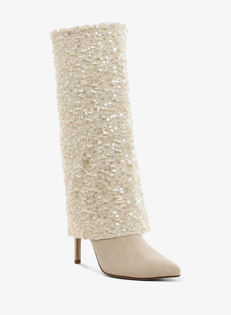 لندن راج حذاء طويل الساق مزين بالترتر باللون البيج