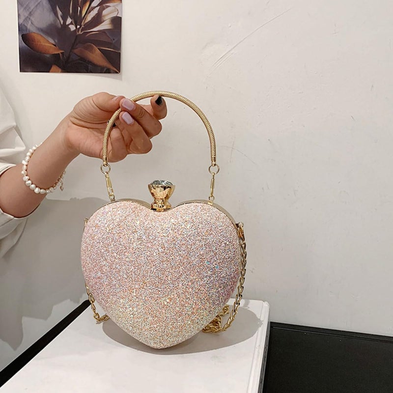 Pink Heart Shaped Sequin Crossbody Bag Chain Strap Evening Clutch for Party - Image 4
