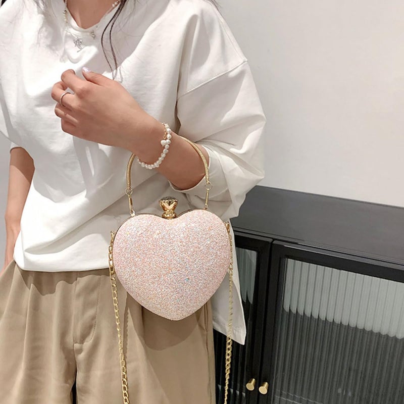 Pink Heart Shaped Sequin Crossbody Bag Chain Strap Evening Clutch for Party - Image 3