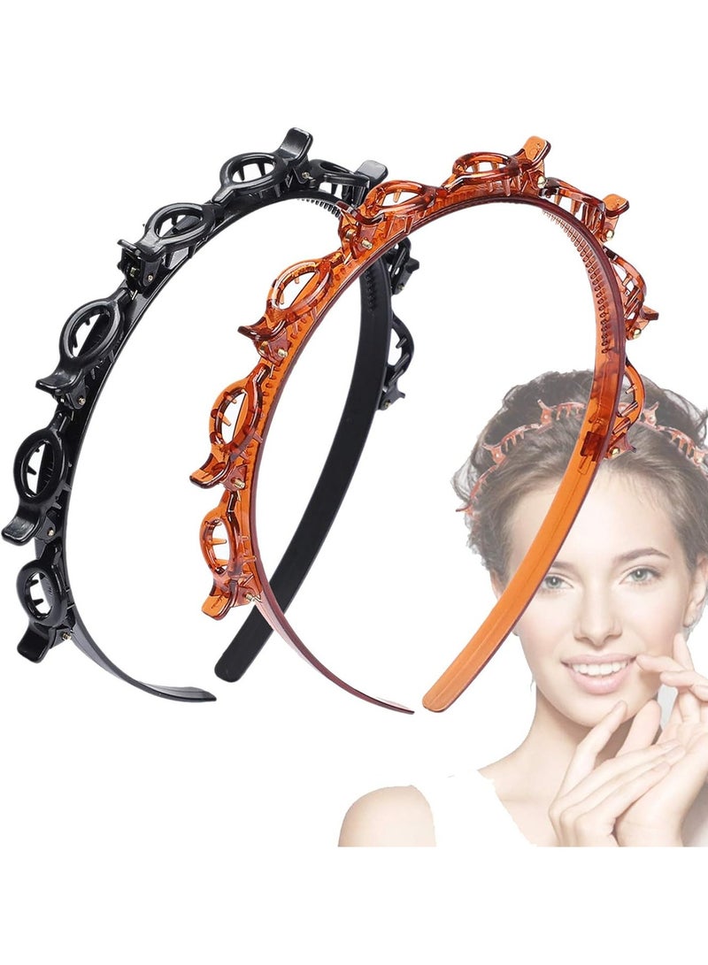 JASSINS 2 Pcs Bangs Hairstyle Hairpin Headband, Professional Weave Bangs Clip, Toothed Headband Braid Tool, Women Girls Fashion Hair Accessories (Black And Brown) - Image 1
