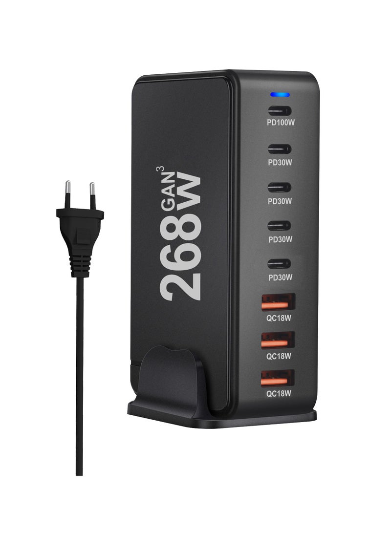 AROAQ 268W Gan USB Type C Fast Charger, Multiple Use 8 Ports PD QC4.0 Laptop Charger, Safe And Durable Desktop Charger Compatible for Macbook Pro/Air/Ipad Pro/Iphone, (268W European standard, Black) - Image 1