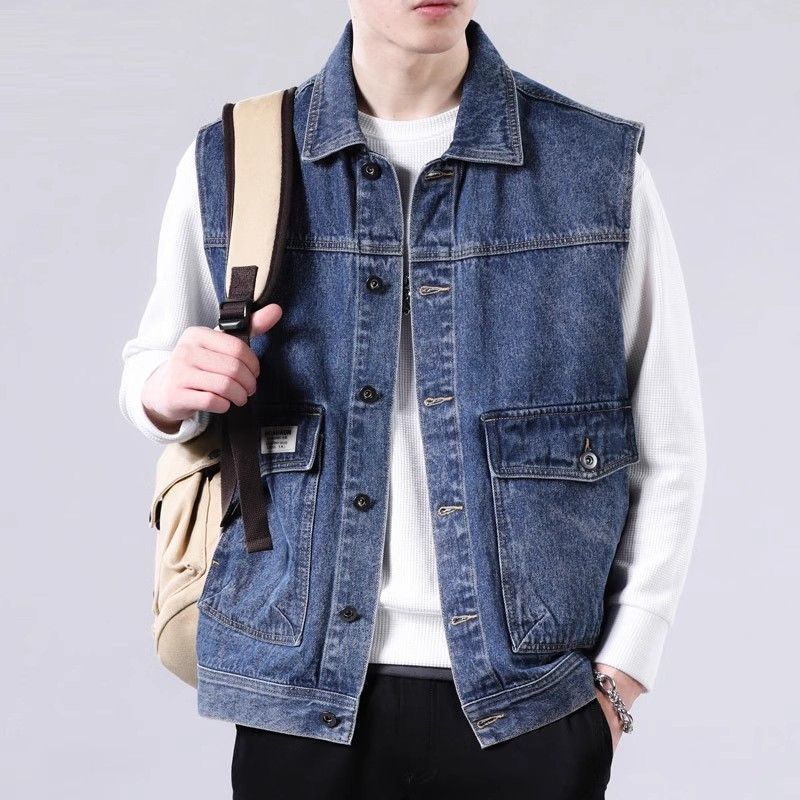 Mens Denim Vest Spring and Autumn Waistcoat Sleeveless Jacket Vintage Loose All-match Vest Work Jacket Mens Vest Blue pocket logo denim vest 
