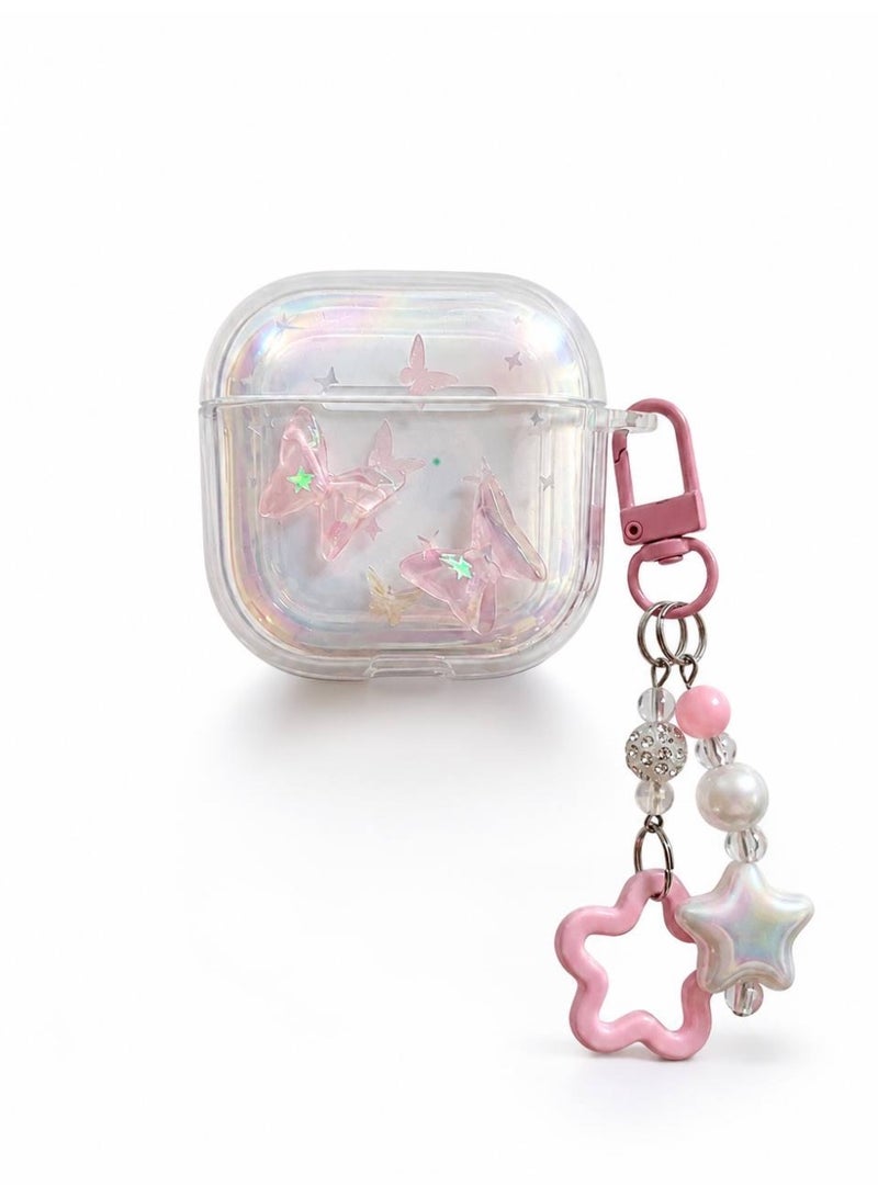 AuraStylee Cute Butterfly Clear Case for Apple AirPods 4 - Aesthetic Protective case with Kawaii Star Keychain - Pink - Image 1