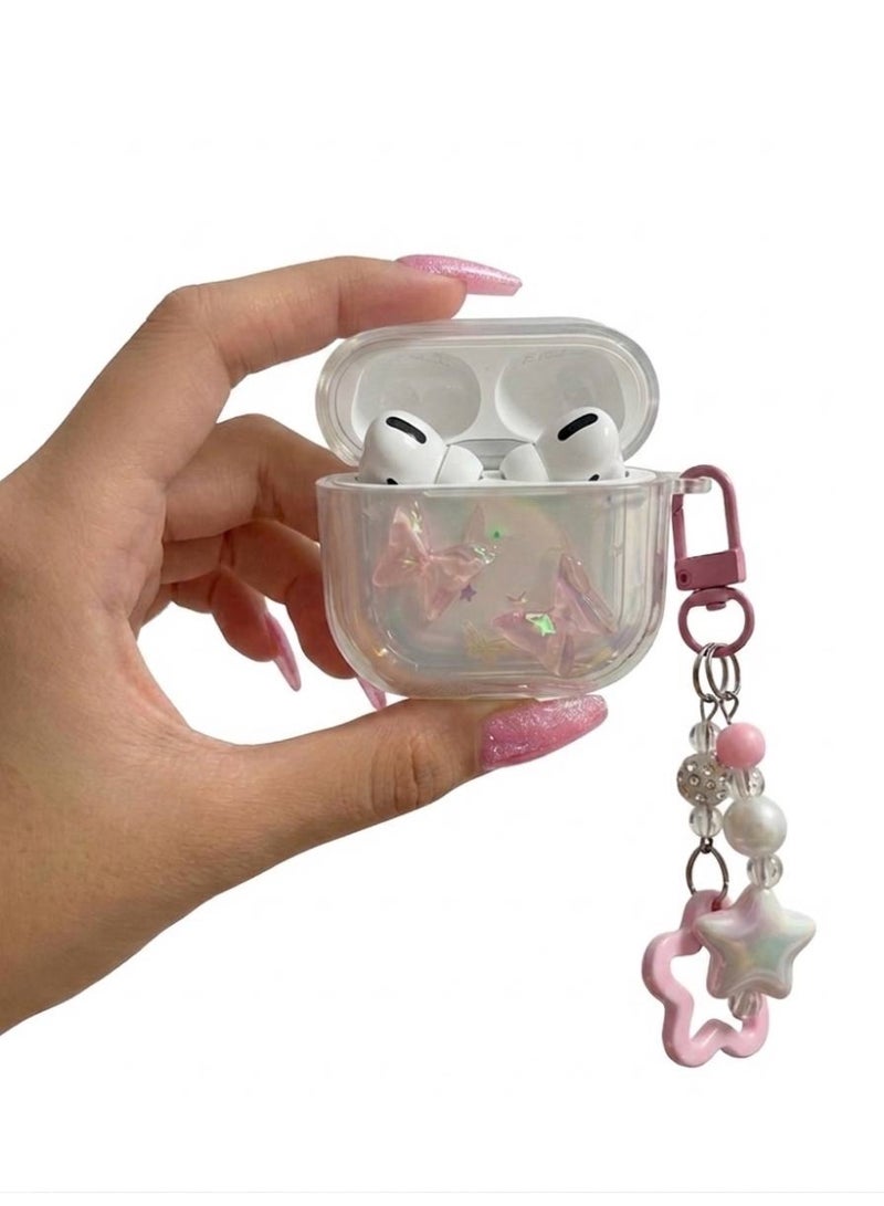 AuraStylee Cute Butterfly Clear Case for Apple AirPods 4 - Aesthetic Protective case with Kawaii Star Keychain - Pink - Image 2