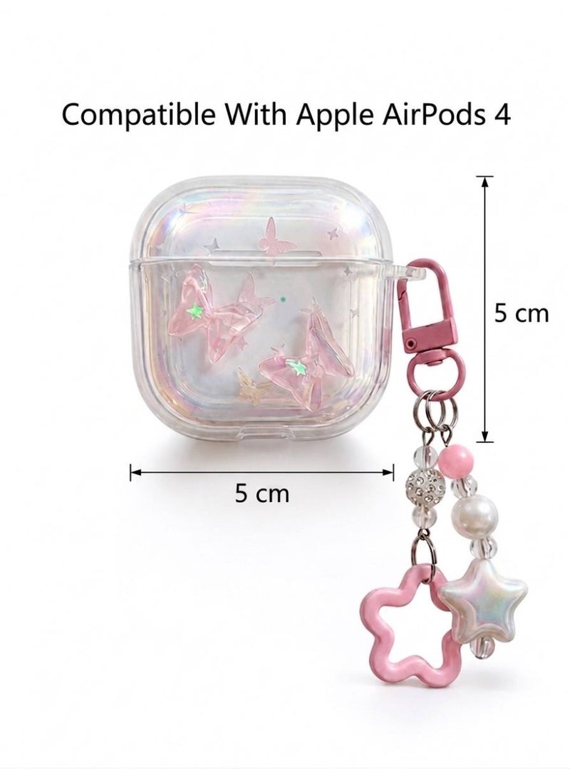 AuraStylee Cute Butterfly Clear Case for Apple AirPods 4 - Aesthetic Protective case with Kawaii Star Keychain - Pink - Image 3