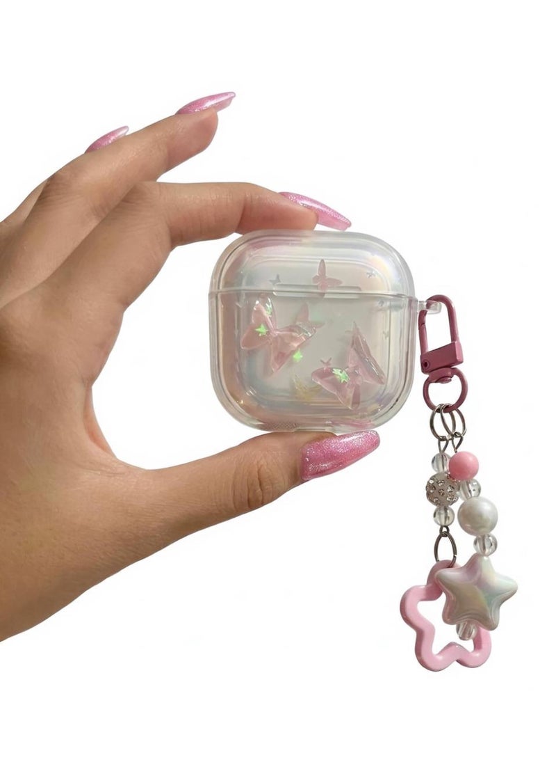 AuraStylee Cute Butterfly Clear Case for Apple AirPods 4 - Aesthetic Protective case with Kawaii Star Keychain - Pink - Image 4