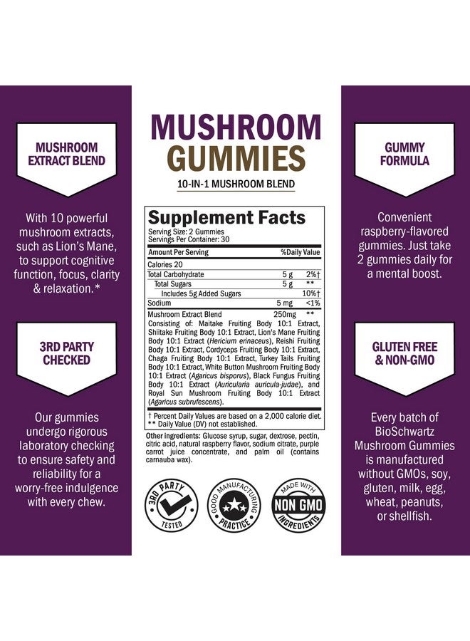 BioSchwartz جواهر الفطر للبالغين - مكمل فطر وظيفي 10 في 1 لتحسين المزاج والتركيز مع ليوينغ مان، ذيل الديك الرومي، كورديسيبس، شيتاكي، ريشى - نباتي، غير معدل وراثيًا، بنكهة التوت الطازج، 60 حبة - Image 2