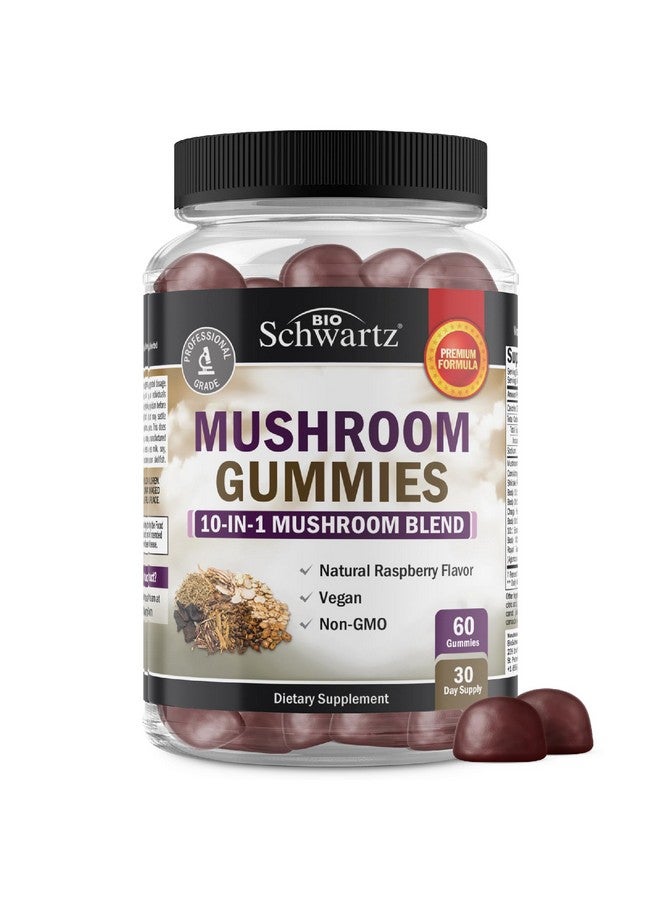 BioSchwartz جواهر الفطر للبالغين - مكمل فطر وظيفي 10 في 1 لتحسين المزاج والتركيز مع ليوينغ مان، ذيل الديك الرومي، كورديسيبس، شيتاكي، ريشى - نباتي، غير معدل وراثيًا، بنكهة التوت الطازج، 60 حبة - Image 1