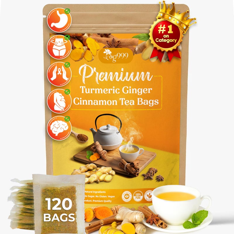 120 Bags Premium Turmeric Ginger Cinnamon Tea, Improve Digestion, Support Brain, Weight, Skin and Sleep, Eco-Conscious Tea Bags and Premium Natural Ingredients. Turmeric Ginger Herbal Tea. No Sugar, No Caffeine, No Gluten, Vegan. - Image 1