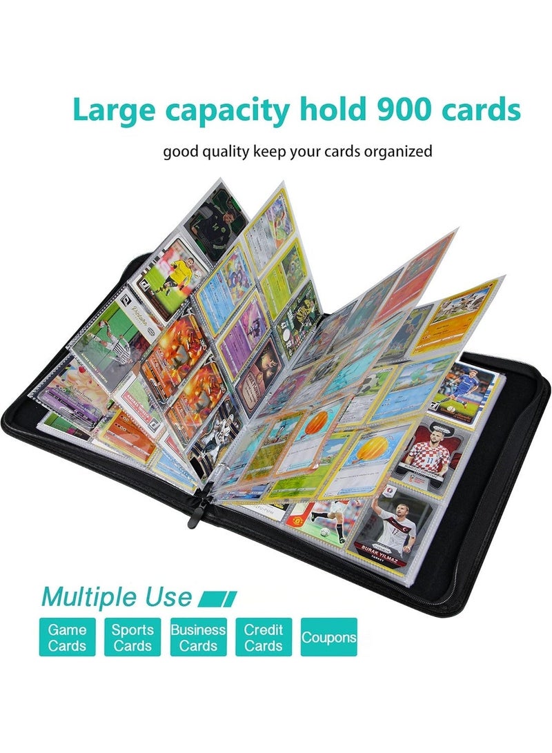 حافظة بطاقات بسعة 900 بطاقة مع 9 جيوب، متوافقة مع بطاقات التداول، علبة تخزين مزودة بصفحات قابلة للإزالة لبطاقات الرياضة مثل كرة القدم والبيسبول ومجموعات البطاقات المختلفة – لون أسود. - Image 2