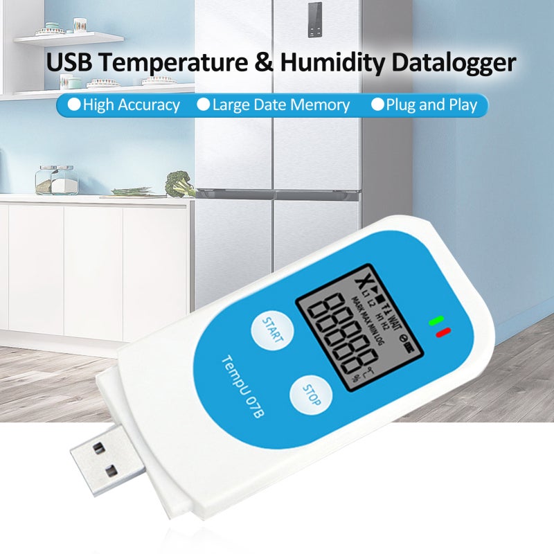 Temperature and Humidity Recorder White & Blue Multi-use High Accuracy Large Data Memory Portable Recorder - No Software Needed PDF Report Generation LCD Display Recorder for Indoor Outdoor Environmen - Image 3