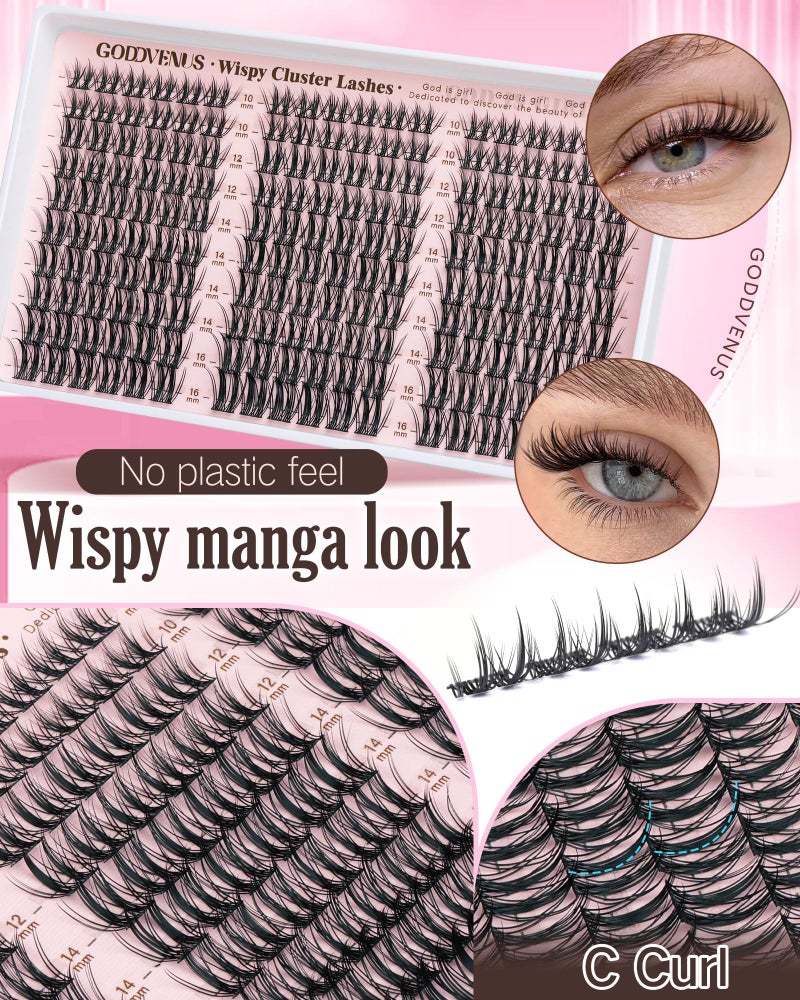 Goddvenus Manga Lash Clusters Kit Natural Wispy Cluster Eyelash Extensions Kit 180 Pcs Fairy C Curl Cluster Lashes 10-16mm Fluffy Lash Extensions Kit Anime Cosplay No Plastic Feel Individual Lash - Image 3