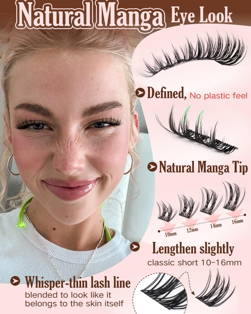 Goddvenus Manga Lash Clusters Kit Natural Wispy Cluster Eyelash Extensions Kit 180 Pcs Fairy C Curl Cluster Lashes 10-16mm Fluffy Lash Extensions Kit Anime Cosplay No Plastic Feel Individual Lash - Image 2