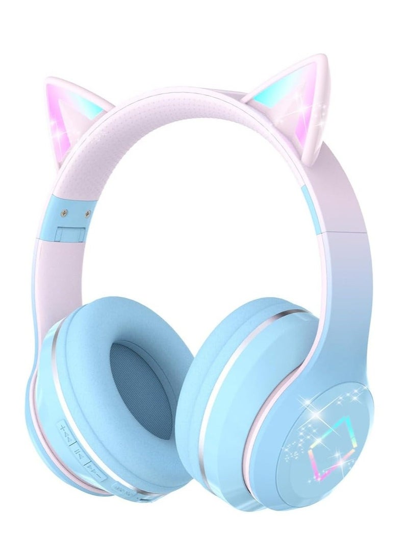 jaexest Blue Kids Cat Ear Bluetooth Headphones Foldable LED Light Up Cat Ears Volume‑Limited Safe Wireless Headset for Toddler Travel iPad Tablet Audio Gaming Entertainment - Image 1