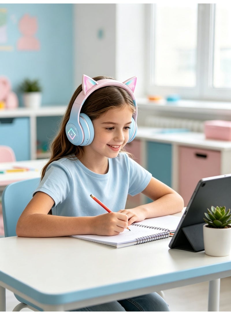 jaexest Blue Kids Cat Ear Bluetooth Headphones Foldable LED Light Up Cat Ears Volume‑Limited Safe Wireless Headset for Toddler Travel iPad Tablet Audio Gaming Entertainment - Image 2