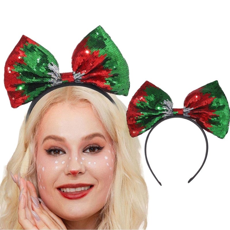 Sequins Bow Headband Christmas Bowknot Hair Band Red Green Bows Headpiece Xmas Hair Hoop Holiday Glitter Hair Bow Accessories for Women and Girls