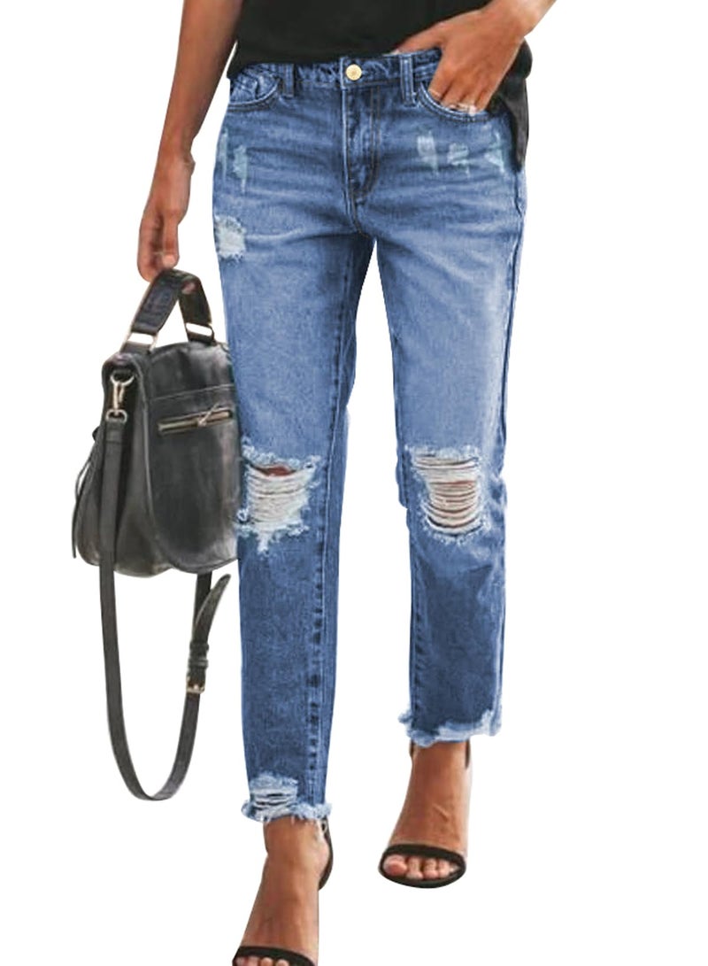 Sidefeel Womens Jeans Zimbaplatinum High Waisted Jeans Distressed Boyfriend Ripped Straight Leg Jeans Fall Fashion Outfits Size 8 Dark Blue - Image 1