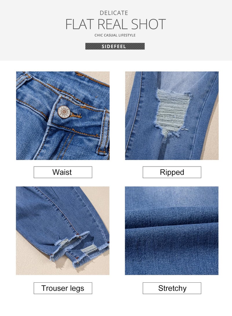 Sidefeel Womens Jeans Zimbaplatinum High Waisted Jeans Distressed Boyfriend Ripped Straight Leg Jeans Fall Fashion Outfits Size 8 Dark Blue - Image 4