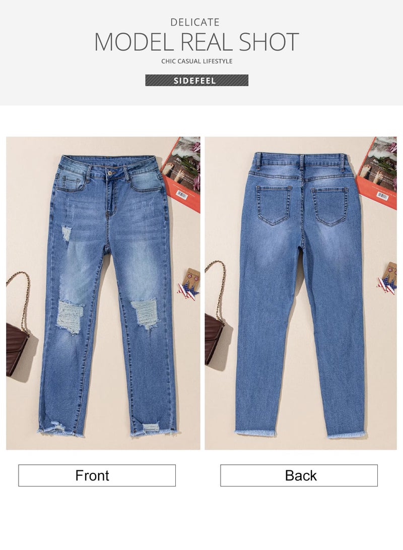 Sidefeel Womens Jeans Zimbaplatinum High Waisted Jeans Distressed Boyfriend Ripped Straight Leg Jeans Fall Fashion Outfits Size 8 Dark Blue - Image 5