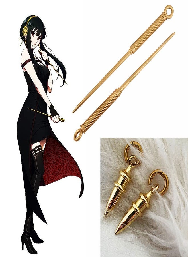 damdos Halloween Prop for Anime Cosplay Your Forgere Weapon With Earrings,Yor Forger Princess Gold Stilettoes Props Role Play(One Pair Prop+Earrings) - Image 2