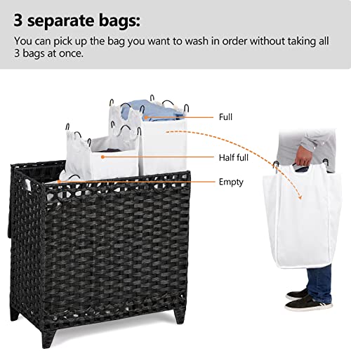Hermina Laundry Hamper with 3 Removable Liner Bags; 132L Handwoven Rattan Laundry Basket with Lid & Heightened Feet; Clothes Hamper with Side Handles; Laundry Sorter with 3 Separate Sections - Image 3