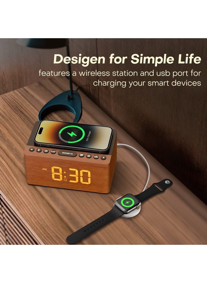 ANJANK - ANJANK Wooden Bluetooth Speaker Alarm Clock with Fm Radio, Wireless Charging Station for iPhone/Samsung, USB Charger Port, Dimmable Display, Sleep Timer, Digital Wood Clock for Bedroom, Bedside - Image 1