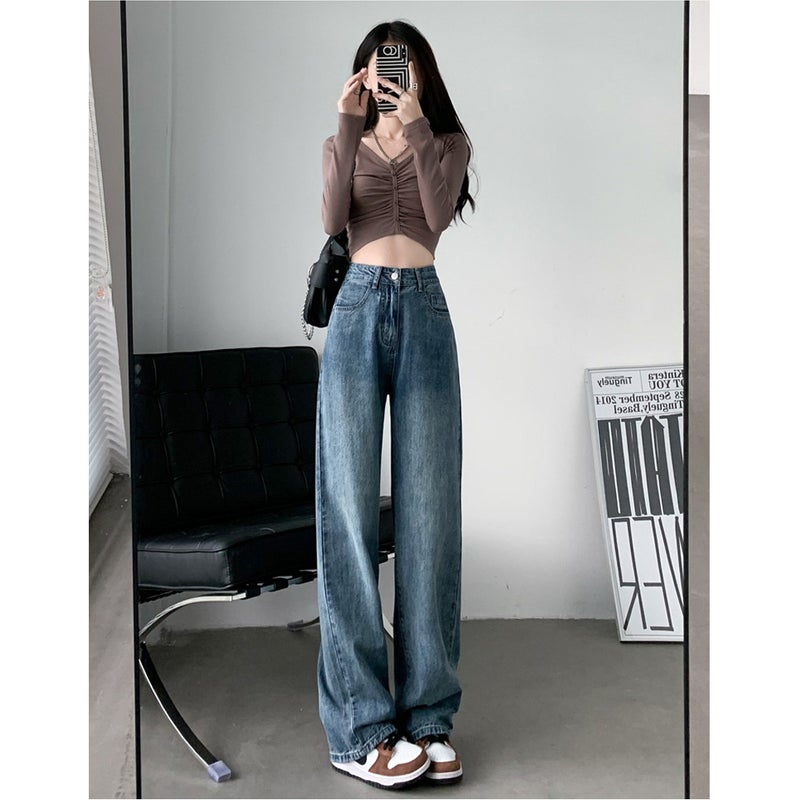 New Store Welfare Narrow-Wide Leg Denim Pants for Women - Spring/Summer 2026, High Waist, Straight Fit, Drapey and Slimming