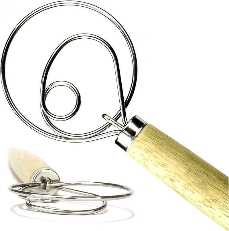 XIAOHONG 2 Pack LARGE 135 Premium Original Danish Dough Whisk Dutch Bread Whisk Stainless Steel Dutch Style Bread Dough Hand Mixer Wooden Handle Artisian Blender - Image 1