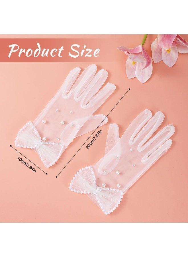 White Pearl Sheer Tulle Gloves with Bows, Vintage Elegant Short Mesh Gloves for Women Bride Evening Party Cosplay Tea Party Accessories - Image 2