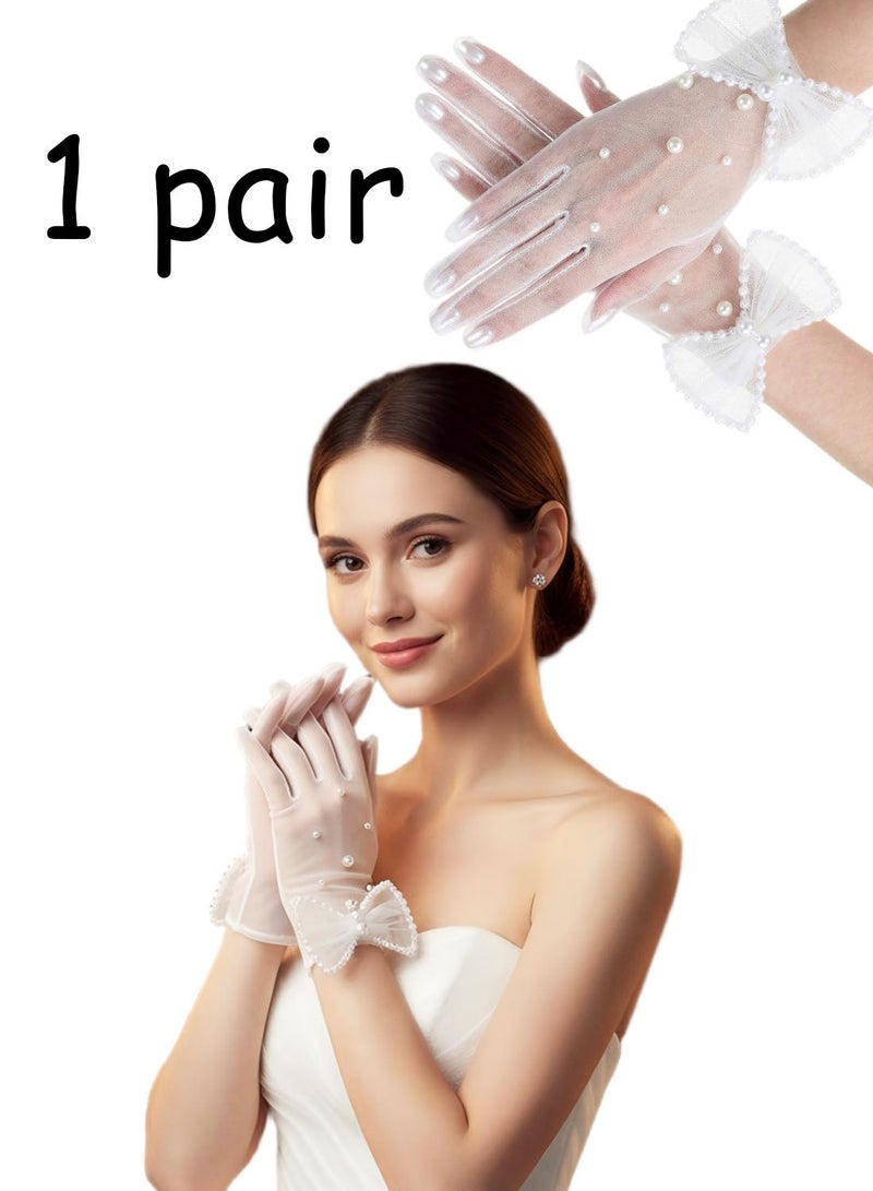 White Pearl Sheer Tulle Gloves with Bows, Vintage Elegant Short Mesh Gloves for Women Bride Evening Party Cosplay Tea Party Accessories - Image 1