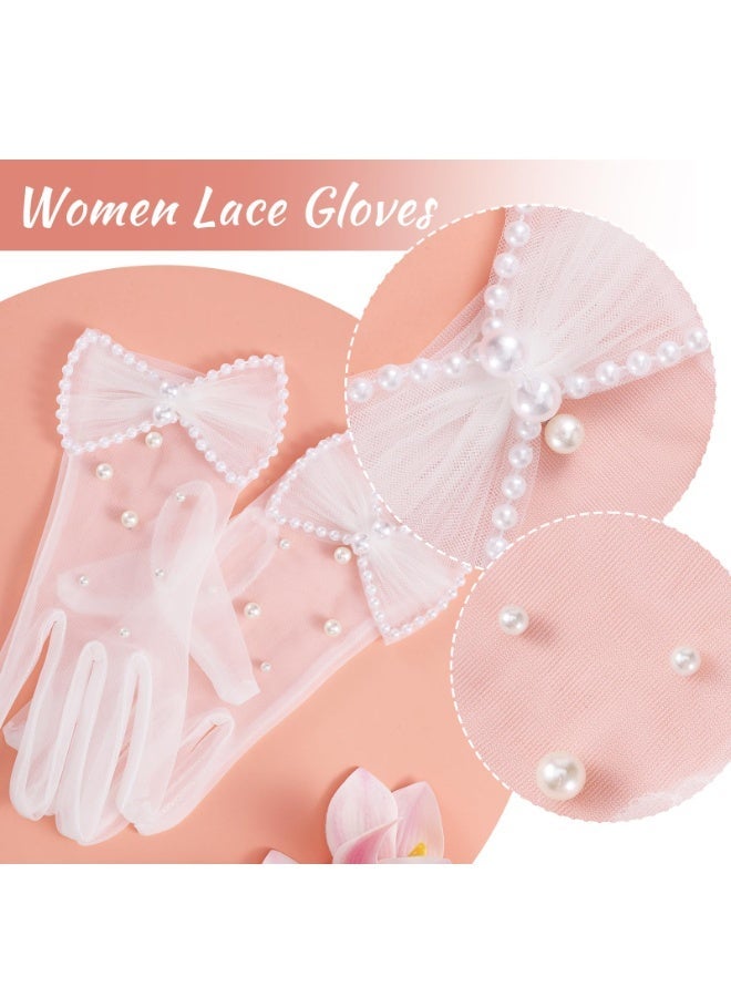 White Pearl Sheer Tulle Gloves with Bows, Vintage Elegant Short Mesh Gloves for Women Bride Evening Party Cosplay Tea Party Accessories - Image 3