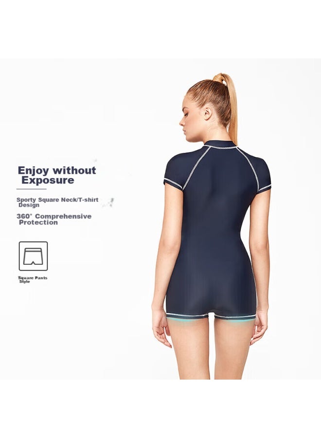 Balneaire Women's High-end Sun Protection One-piece Swimsuit For Hot Springs And Professional Racing, Slimming Zipper Boyshort, Navy Blue, XL - Image 2