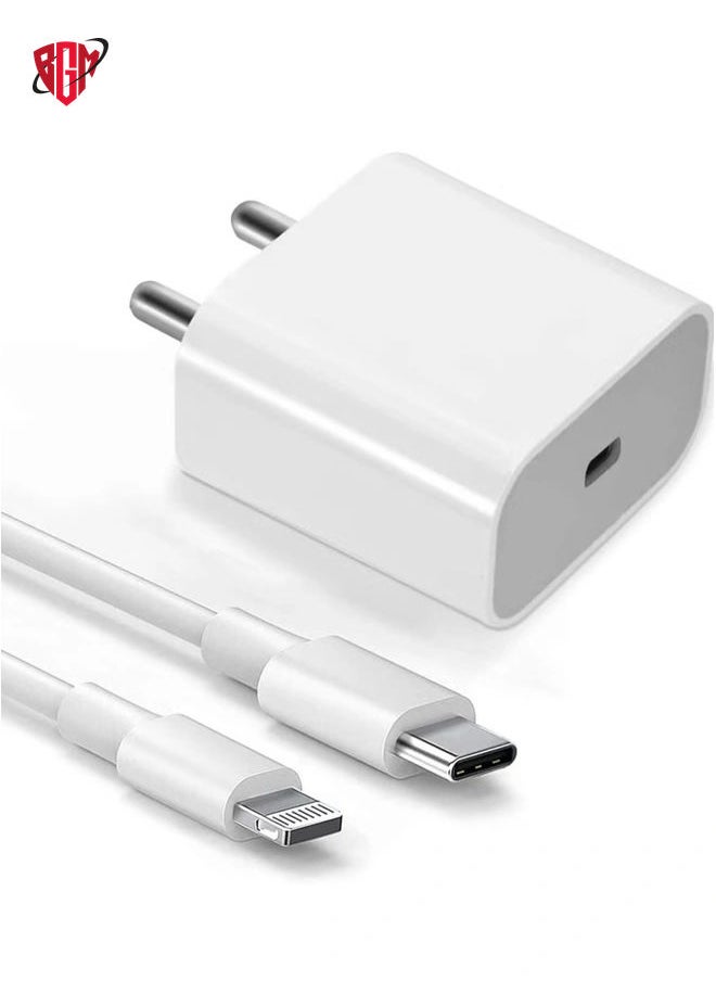 BGM - 20W PD Charger for iPhone 14 | iPhone 14 Pro Type C Power Charger Adapter with USB C to Light-ning Cable Compatible for iPhone Charger 13, 12, 11, X and Later Series (Charger) - White - Image 1