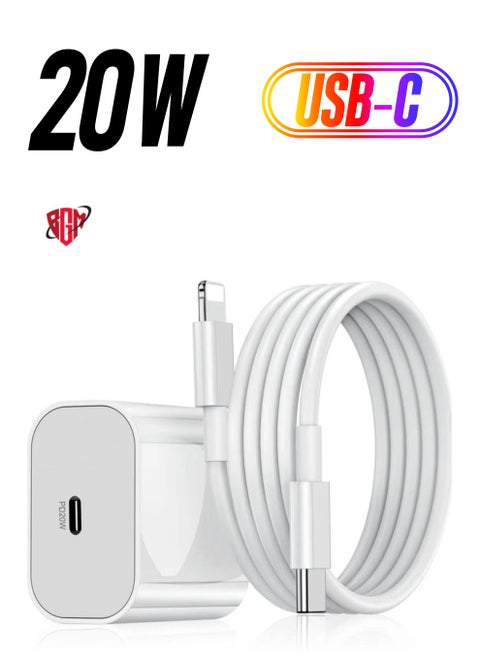 20W PD Charger for iPhone 14 | iPhone 14 Pro Type C Power Charger Adapter with USB C to Light-ning Cable Compatible for iPhone Charger 13, 12, 11, X and Later Series (Charger) - White