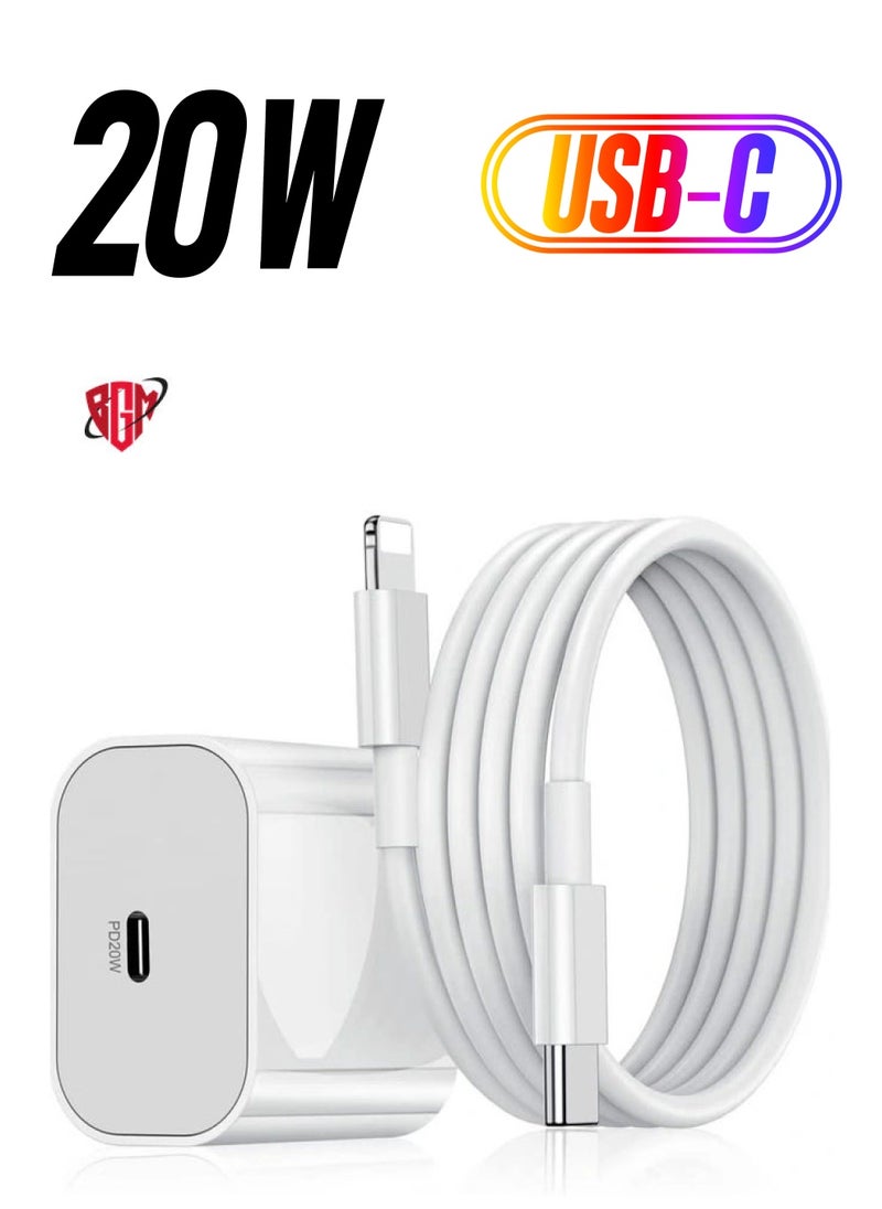 BGM - 20W PD Charger for iPhone 14 | iPhone 14 Pro Type C Power Charger Adapter with USB C to Light-ning Cable Compatible for iPhone Charger 13, 12, 11, X and Later Series (Charger) - White - Image 1