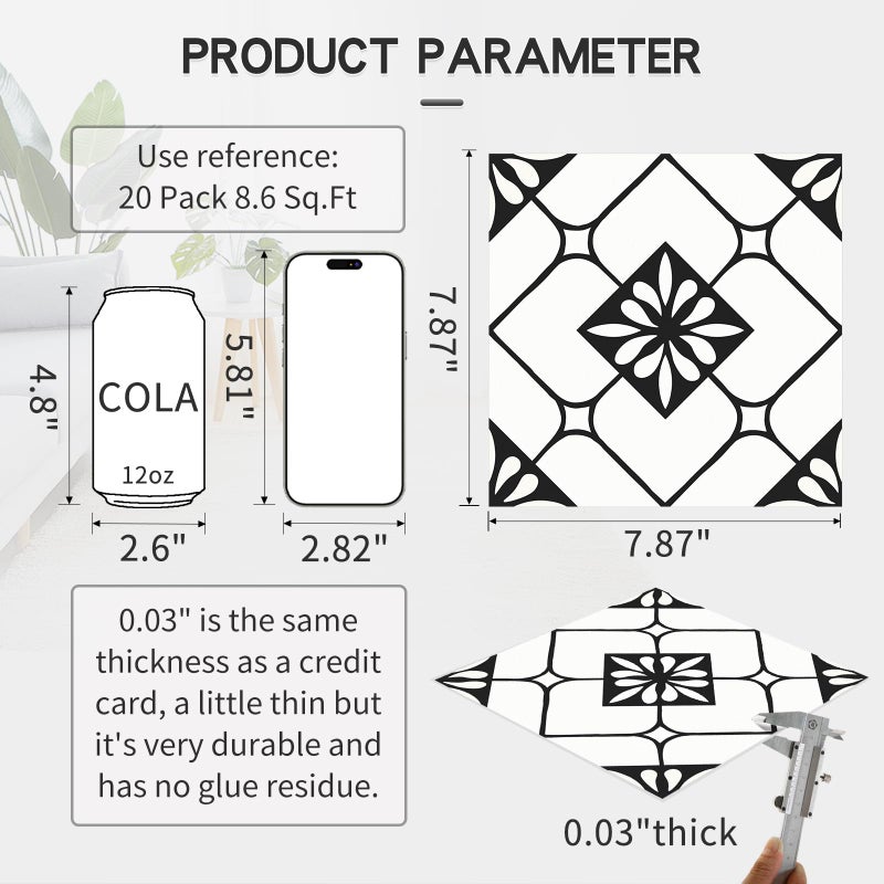 MORCART Peel and Stick Floor Tile, 20-Pack 7.87" x 7.87" Matte Vinyl Floor, Self Adhesive Waterproof Flooring DIY for Renter, Removable Tile Sticker for Bathroom, Kitchen, Bedroom, Wall (Black) - Image 2