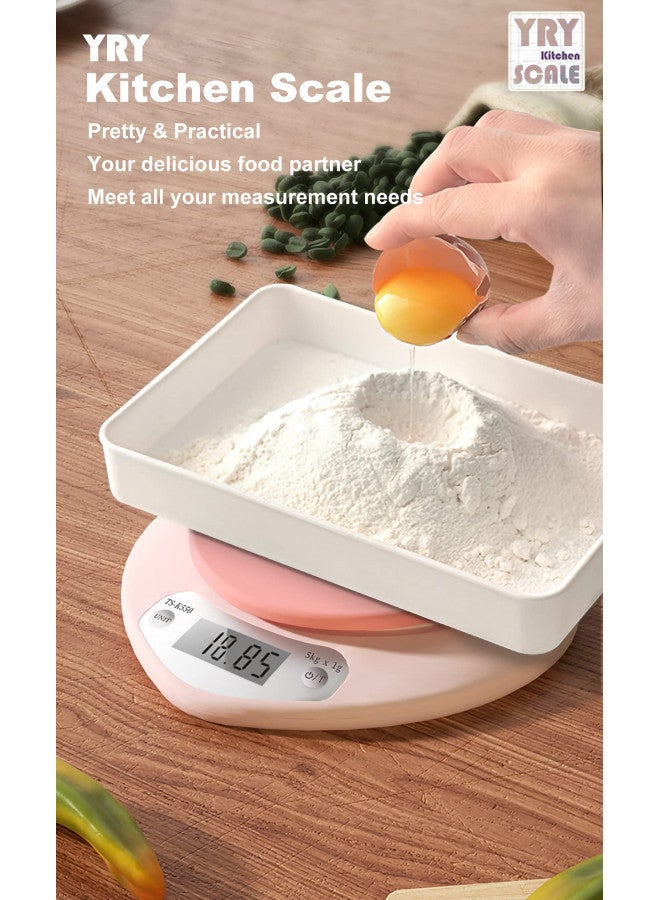 YRY Pink Kitchen Scale - Large LCD, Tare Function, 11 lbs Capacity, 0.03 oz Precise Graduation - Perfect Food Scale for Baking & Cooking, ML & Oz Unit for Liquids and Solids (Pink 5kg/1g) - Image 1