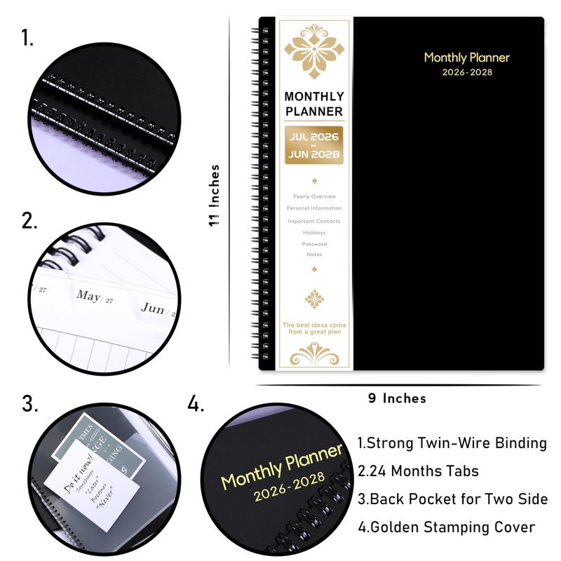 Artfan 2026-2028 Monthly Planner - 2 Year Monthly Planner 2026-2028 With Tabs, JUL 2026 - JUN 2028, 9" x 11", 24-Month Calendar with Pocket, Label, Contacts - Black - Image 4