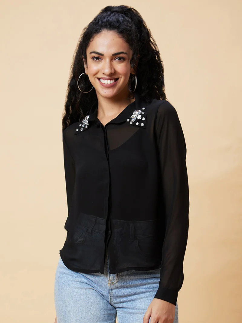 globus Women Black Embellished Shirt Collar Shirt Style Top