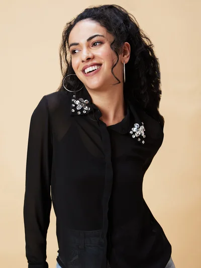 globus Women Black Embellished Shirt Collar Shirt Style Top