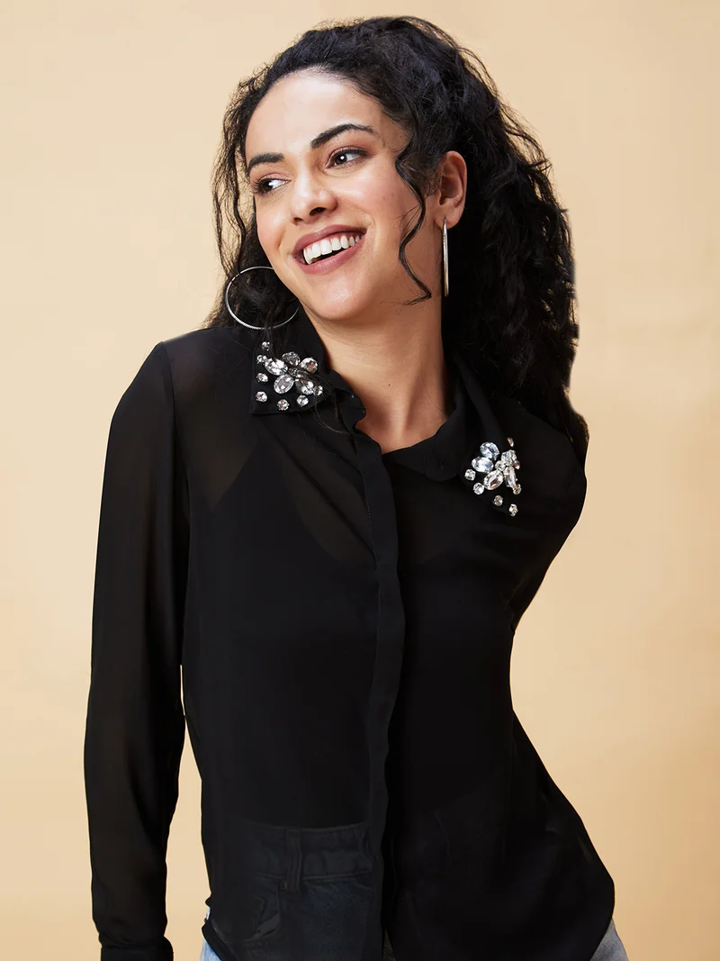 globus Women Black Embellished Shirt Collar Shirt Style Top