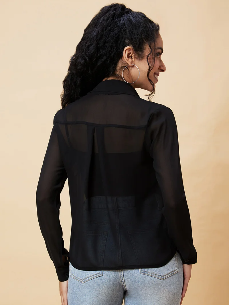 globus Women Black Embellished Shirt Collar Shirt Style Top
